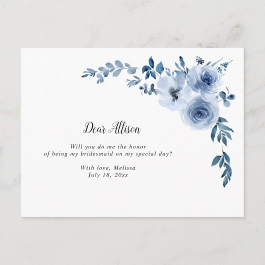 Blau florieren wird meine Bridesmädchenkarte sein Einladungspostkarte (Rückseite)