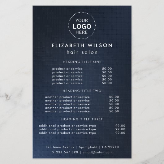 blau | Flyer des einfachen Salon Service Menüs (Vorne)