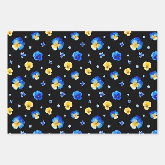 Blau-Gelb-Aquarellfarben Blume Schwarz Geschenkpapier Set (Vorderseite 2)