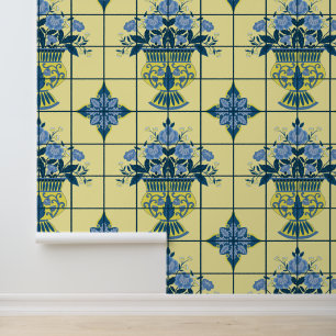 Blau-Gelb-Delft-Flora-Arrangement Tile Tapete