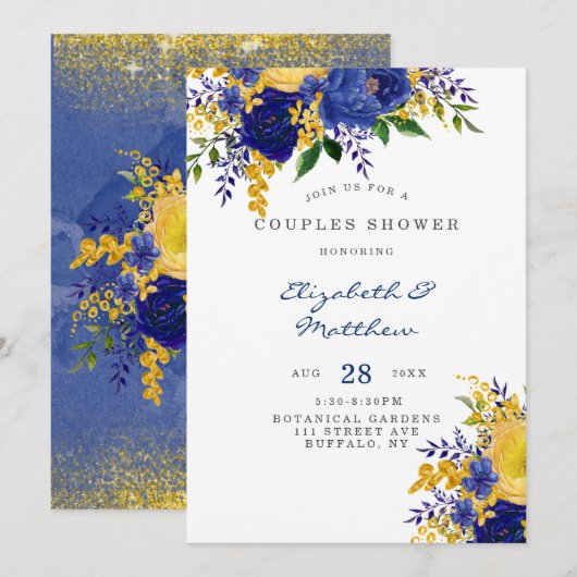 Blau gelb gestrichen Florals Paare Dusche Einladung (Vorne/Hinten)