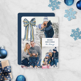 Blau Gelb Große Streifen Bow Frohe Weihnachts-Foto Feiertagskarte