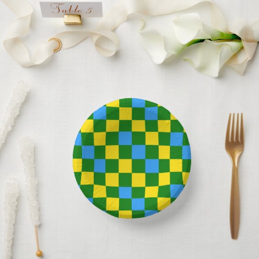Blau Gelb Grün Karomuster Design  Pappteller (Hochzeit)