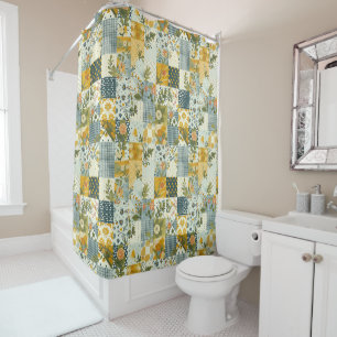 Blau Gelb Grün Patchwork Quilt Floral Retro Duschvorhang