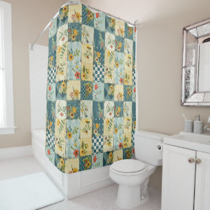 Blau Gelb Grün Patchworkdecke Floral Retro Duschvorhang