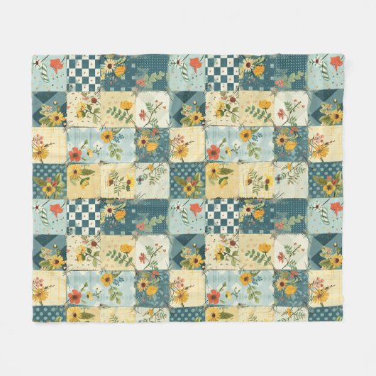 Blau Gelb Grün Quilt Patchwork Gingham Floral Fleecedecke (Vorderseite (Horizontal))