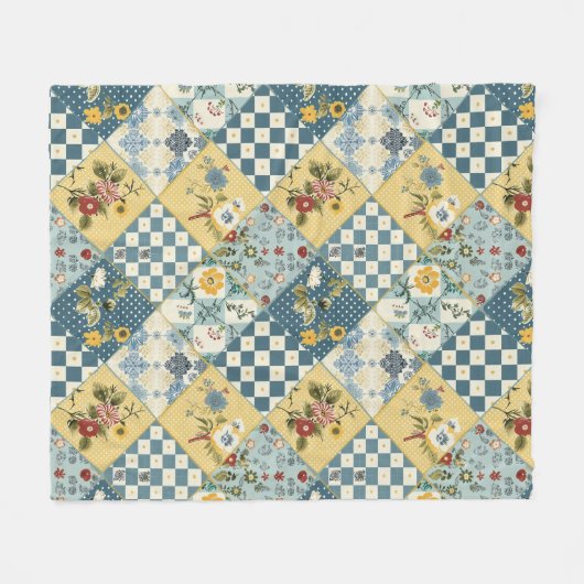 Blau Gelb Grün Quilt Patchwork Gingham Floral Fleecedecke (Vorderseite (Horizontal))