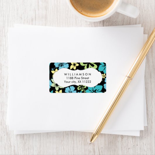 Blau-Gelb-Hibiskus-Hhawaiian-Gefallen Adressaufkleber (Insitu)