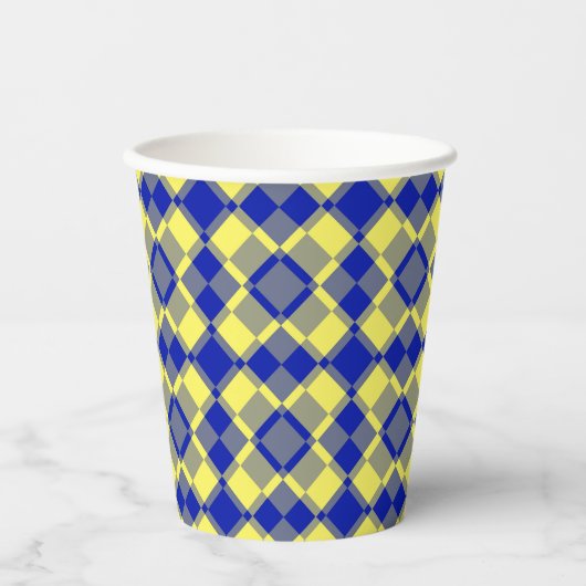 Blau Gelb Karo Argyles Muster Pappbecher (Vorderseite)