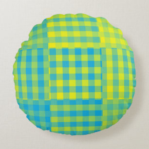 Blau Gelb Karo Patchworkmuster Rundes Kissen
