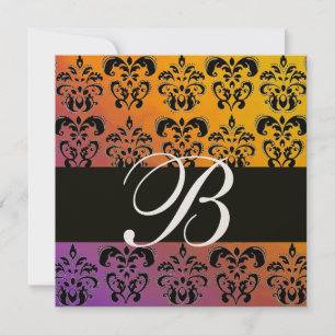 BLAU GELB LILA SCHWARZ DAMAST MONOGRAMM, Gold Einladung