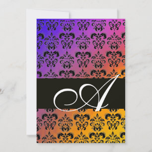 BLAU GELB LILA SCHWARZ DAMAST MONOGRAMM, weiß Einladung
