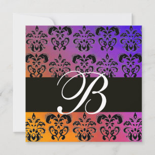BLAU GELB LILA SCHWARZ DAMAST MONOGRAMM, weiß Einladung