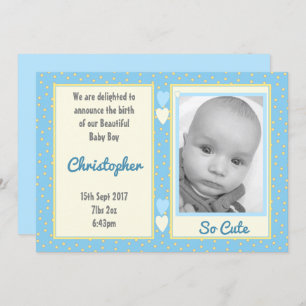 Blau gelb mit Details zur Punktgeburt und Baby-Fot Einladung