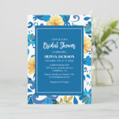 Blau-Gelb-Mittelmeer-Brautparty Einladung (Stehend Vorderseite)