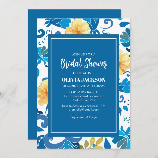 Blau-Gelb-Mittelmeer-Brautparty Einladung (Vorne/Hinten)