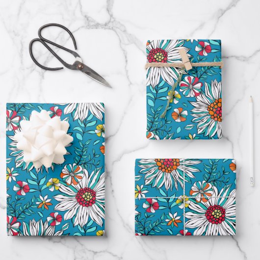 Blau-Gelb-Orange-Blume Muster Geschenkpapier Set (Vorderseite)