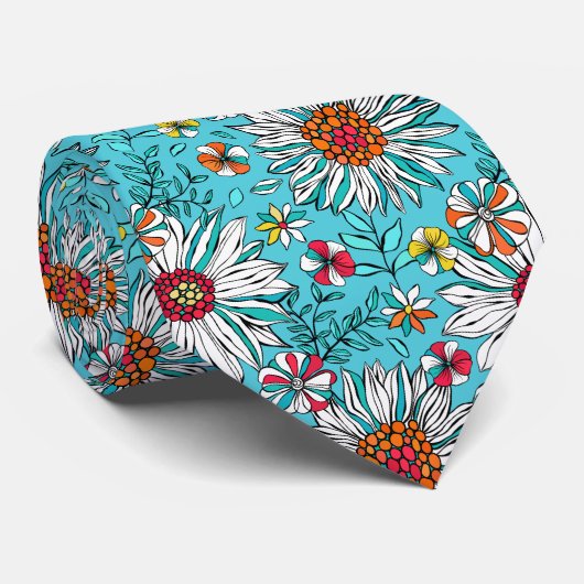 Blau-Gelb-Orange-Blume Muster Krawatte (Gerollt)