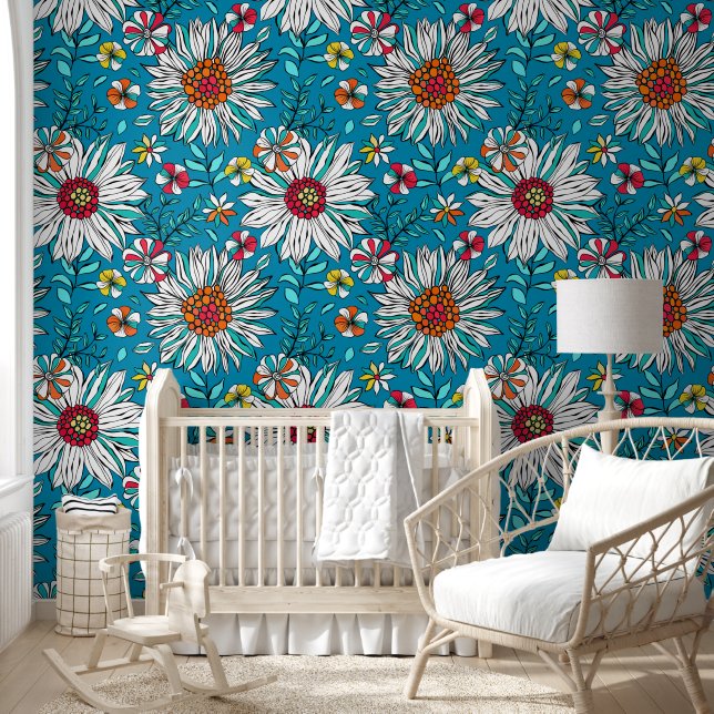 Blau-Gelb-Orange-Blume Muster Tapete (Kinder)