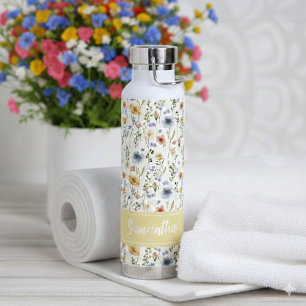 Blau Gelb Rosa Floral Name Monogramm Wildblume Trinkflasche