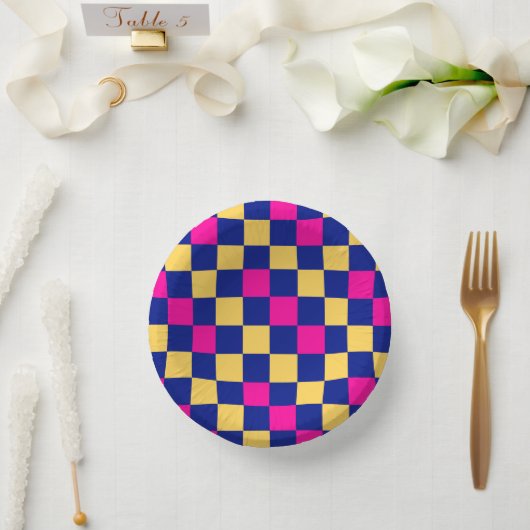 Blau Gelb Rosa Karomuster Design Pappteller (Hochzeit)