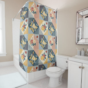 Blau Gelb Rot Patchworkdecke Floral Retro Duschvorhang
