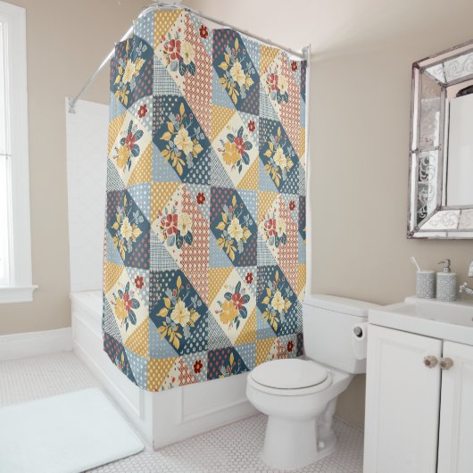 Blau Gelb Rot Patchworkdecke Floral Retro Duschvorhang (Beispiel)