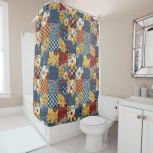 Blau Gelb Rot Patchworkdecke Floral Retro Duschvorhang