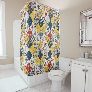 Blau Gelb Rot Patchworkdecke Floral Retro Duschvorhang