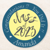 Blau gelb Sie es Klasse von 2023 Abschluss Runder Pappuntersetzer (Vorderseite)