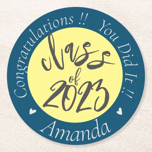Blau gelb Sie es Klasse von 2023 Abschluss Runder Pappuntersetzer (Vorderseite)
