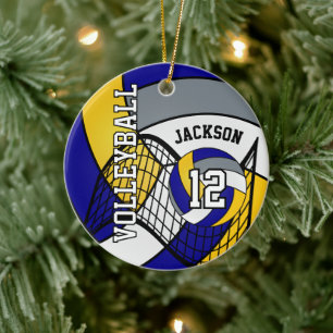 Blau, Gelb und Grau personalisieren Volleyball 🏐 Keramik Ornament