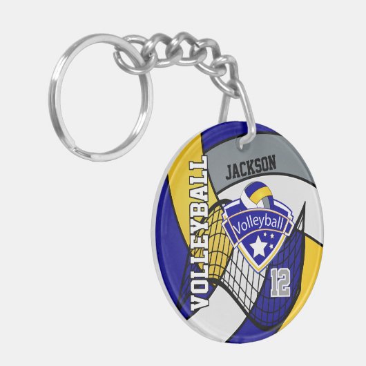 Blau, Gelb und Grau personalisieren Volleyballdesi Schlüsselanhänger (Vorderseite links)