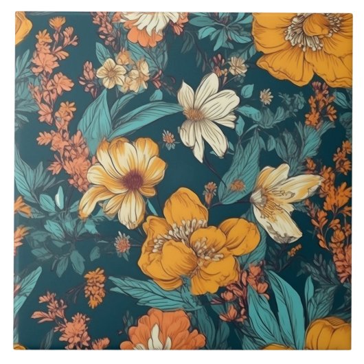 Blau, gelb und orange hübsche Blumen Fliese (Vorderseite)