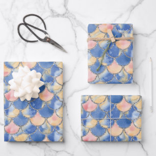 Blau, Gelb und Silber Meerjungenskala Geschenkpapier Set