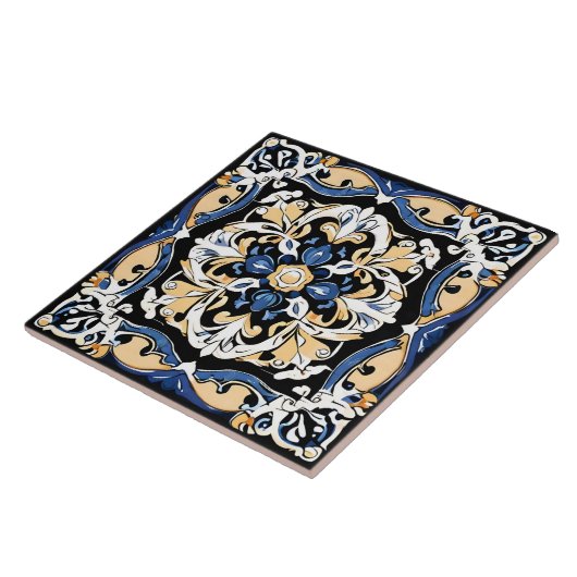 Blau-Gelb Weißer Schwarzer Azuleju Spanisch Marokk Fliese (Seite)