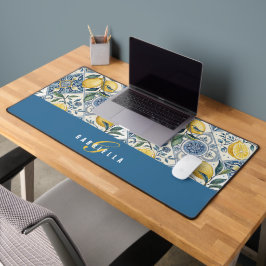 Blau Gelbe Aquarell-Limonen-Monogramm-Name Schreibtischunterlage