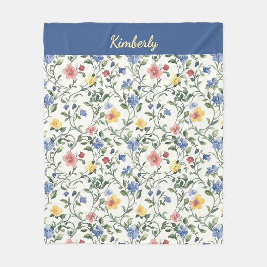 Blau Gelbe Aquarell-Wildblumen-Monogramm-Name Fleecedecke (Vorderseite)