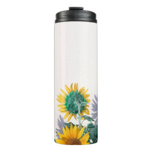Blau-gelbe Blumen an der weißen Wand Thermosbecher