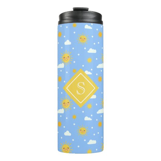Blau-Gelbe Kawaii-Sunshine-Cloud-Monogramm Thermosbecher (Vorderseite)
