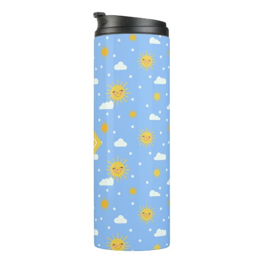 Blau-Gelbe Kawaii-Sunshine-Cloud-Monogramm Thermosbecher (Nach rechts gedreht)