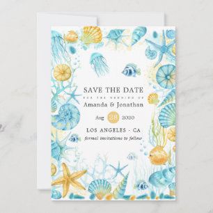 Blau-gelbe Meerestiere-Hochzeit Save The Date