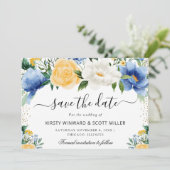 Blau-Gelbe Sommer-Blume Hochzeit Save The Date (Stehend Vorderseite)