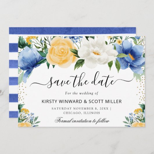 Blau-Gelbe Sommer-Blume Hochzeit Save The Date (Vorne/Hinten)