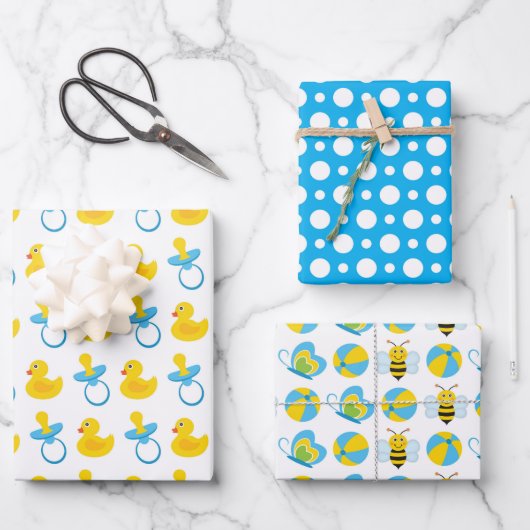 BLAU-GELBE-WEISSE BABY-ELEMENTE GESCHENKPAPIER SET (Vorderseite)