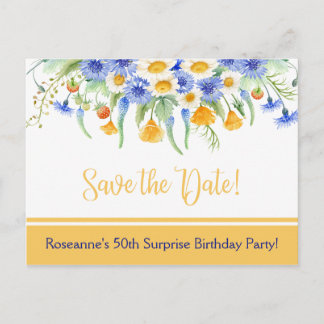 Blau-gelbe weiße Wildblumen Save the Date Ankündigungspostkarte