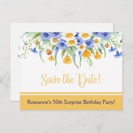 Blau-gelbe weiße Wildblumen Save the Date Ankündigungspostkarte (Vorne/Hinten)