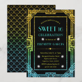Blau-gelber Glitzer Art Deco Rahmen Sweet 16 Einladung (Vorne/Hinten)