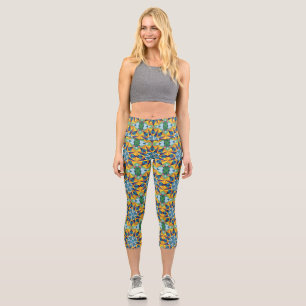 Blau-gelbes fraktales geometrisches Muster Capri Leggings