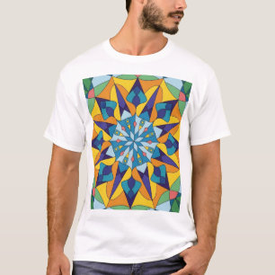Blau-gelbes fraktales geometrisches Muster T-Shirt